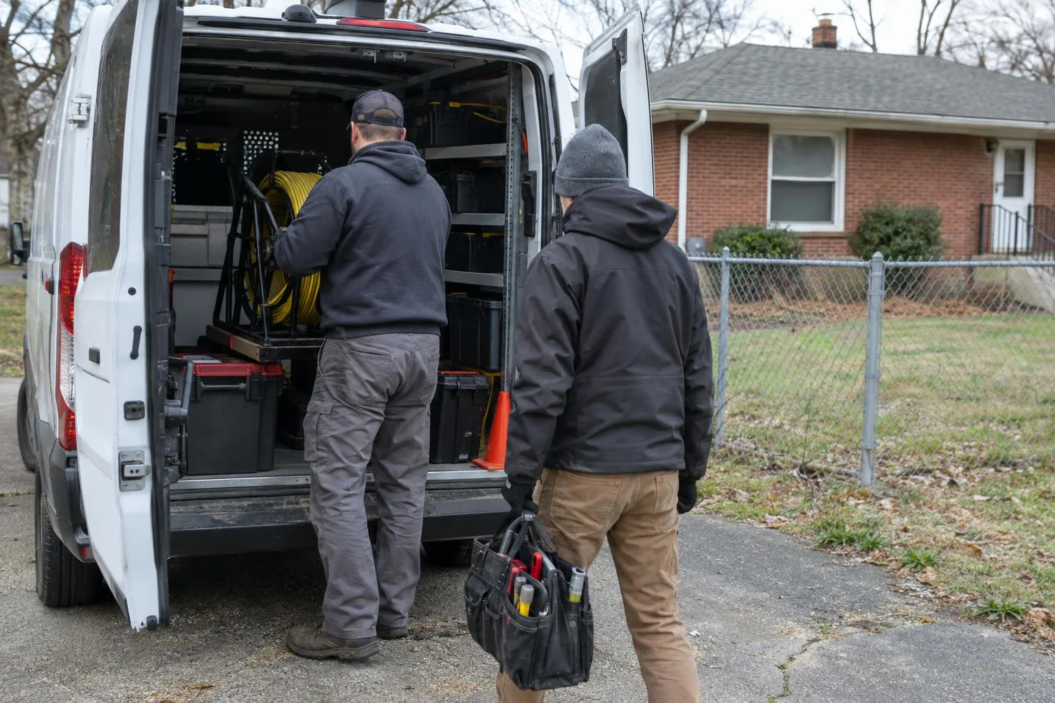 Two workers at the rear of an open work van loading equipment, with a brick house and chain-link fence beyond