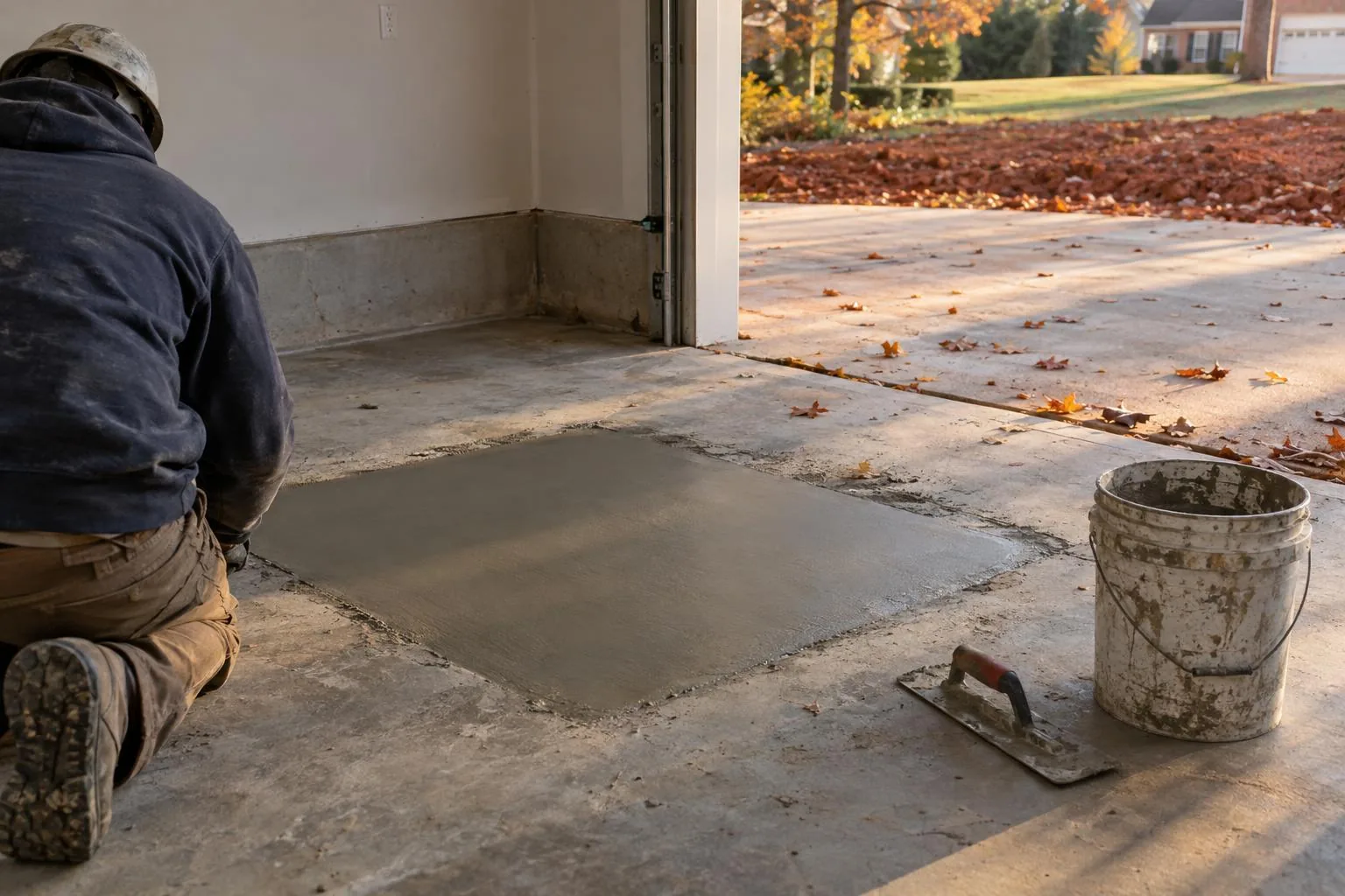A worker kneeling beside a freshly troweled concrete patch in a garage floor, a trowel and bucket on the slab